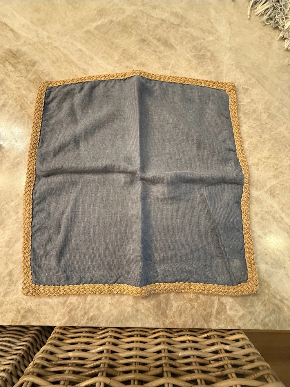 3 Pottery Barn 22x22 Blue Linen Pillow Covers with Burlap and braided Trim